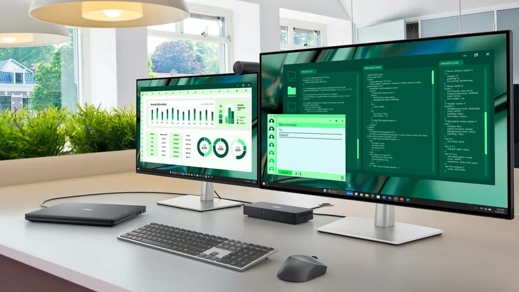 Dell dock, keyboard and mouse with two monitors on a desk